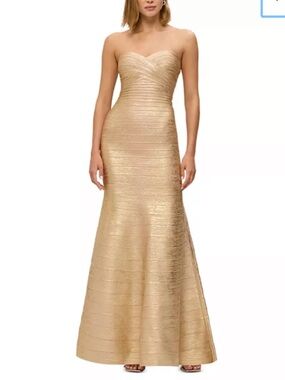 NWT -$1,999 HERVE LEGER, Sara Metallic GOLD FOIL Gown, Sz Small